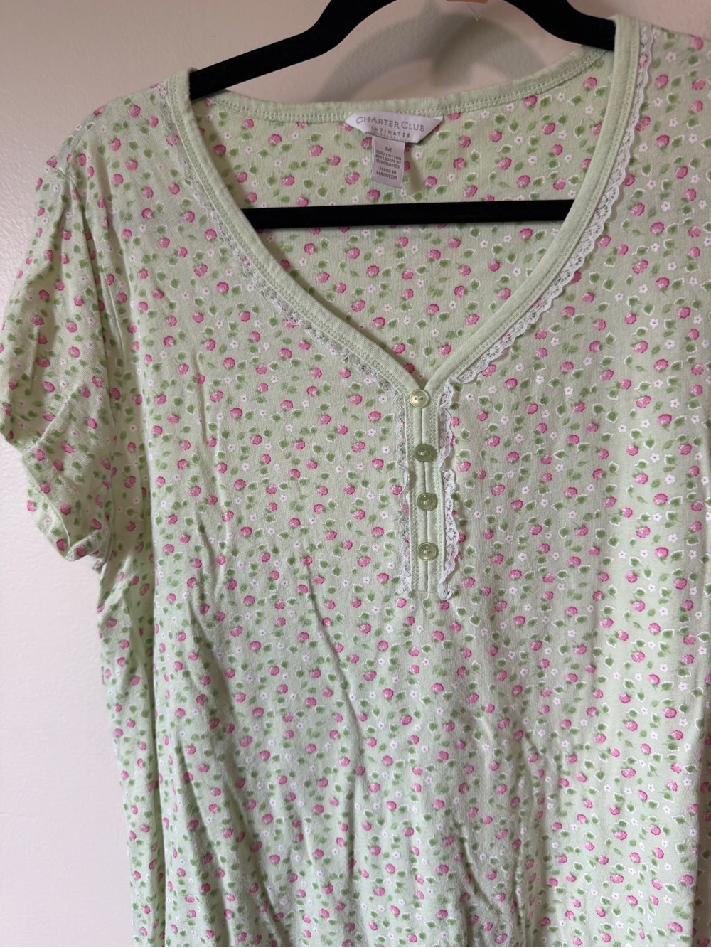 100% cotton pink green floral mini dress with lace henley details size small - Picture 2 of 4